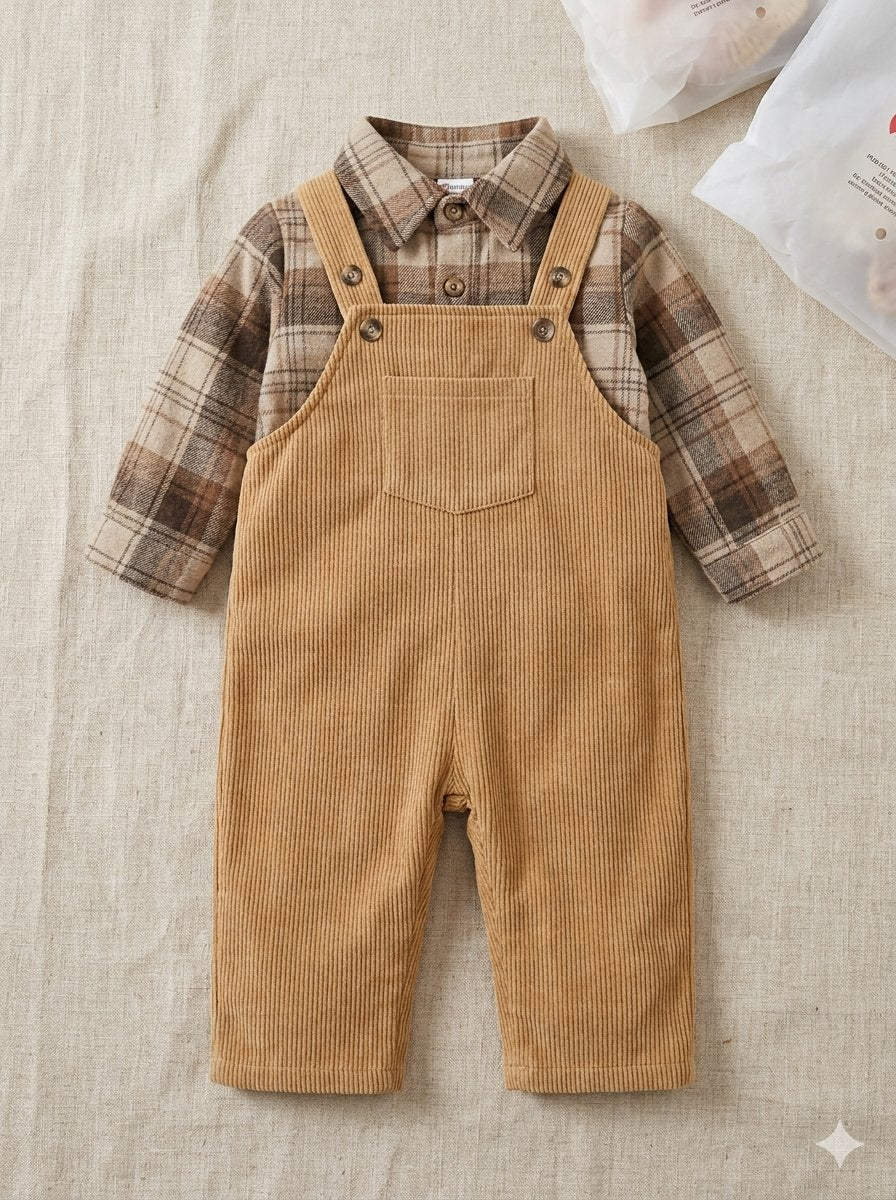 PatPat  2-Piece  Toddler Fall Clothes Boys Plaid Long Sleeve Shirt Tops Patchwork Suspender Pants