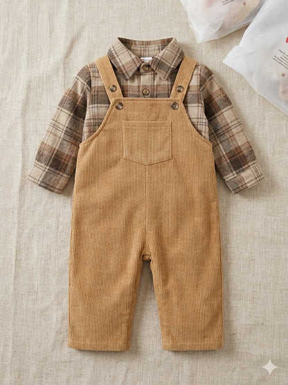 PatPat  2-Piece  Toddler Fall Clothes Boys Plaid Long Sleeve Shirt Tops Patchwork Suspender Pants