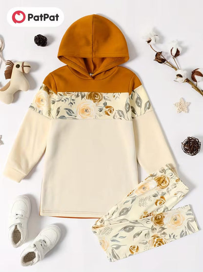 PatPat 2pcs id Girl Floral Print Colorblock Hoodie Sweatshirt and Elasticized Pants Set