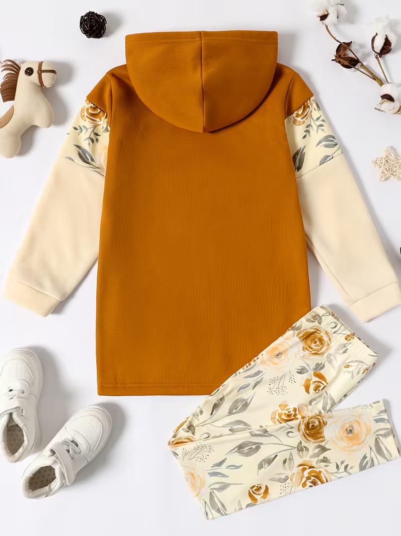 PatPat 2pcs id Girl Floral Print Colorblock Hoodie Sweatshirt and Elasticized Pants Set
