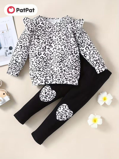 PatPat 2pcs Toddler Girl Long-Sleeve Top And Heart Pattern Pants