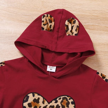 PatPat Toddler Girl Leopard Print Heart Hoodie Sweatshirt and Pants Set
