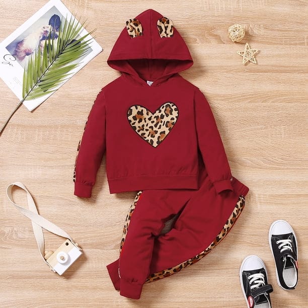 PatPat Toddler Girl Leopard Print Heart Hoodie Sweatshirt and Pants Set