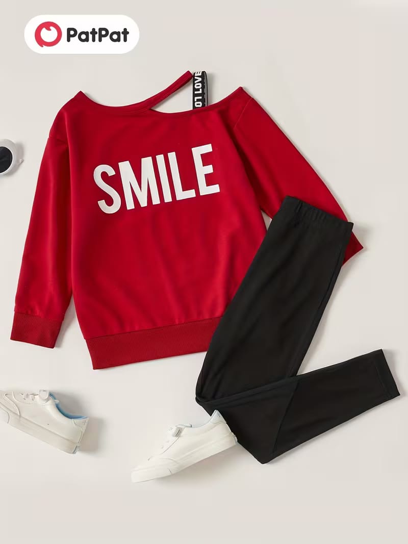 PatPat Girls' 2pcs Set: Off-Shoulder Letter Print Tee &amp; Stretchy Pants