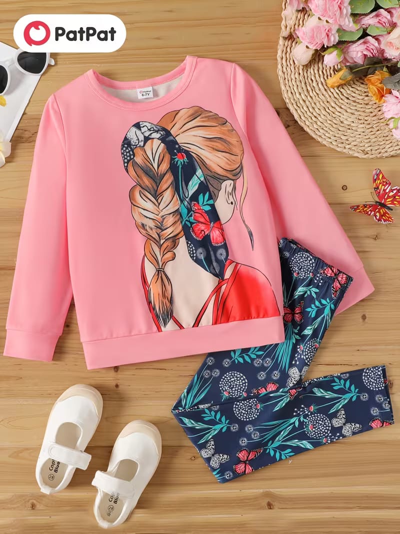 PatPat 2pcs Kid Girl Figure Print Pink Sweatshirt and Floral Print Leggings Set
