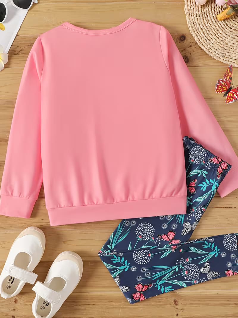 PatPat 2pcs Kid Girl Figure Print Pink Sweatshirt and Floral Print Leggings Set