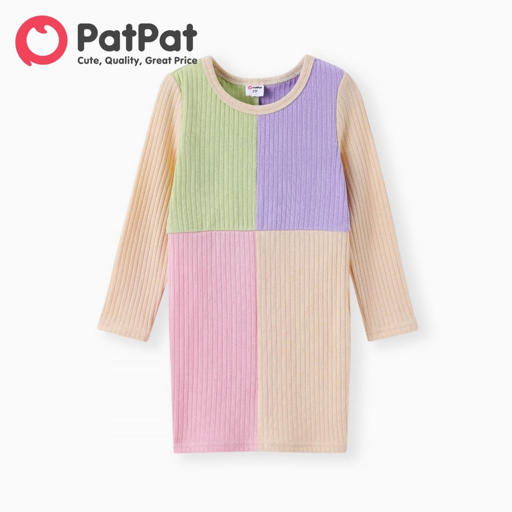 PatPat Toddler Girl Pastel Color-Block Ribbed Knit Long Sleeve Dress