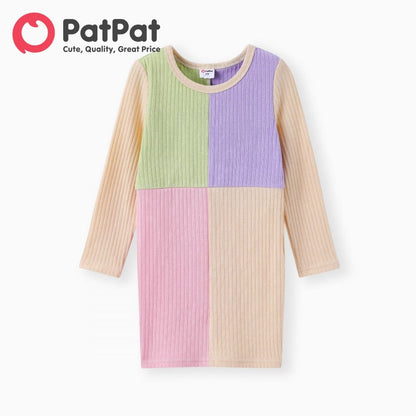 PatPat Toddler Girl Pastel Color-Block Ribbed Knit Long Sleeve Dress