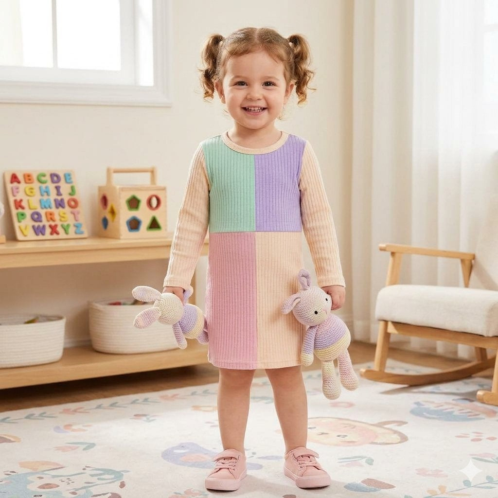 PatPat Toddler Girl Pastel Color-Block Ribbed Knit Long Sleeve Dress