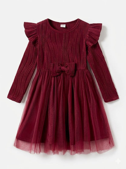 PatPat Baby Girls Maroon Ribbed Long Sleeve Tulle Tutu Dress
