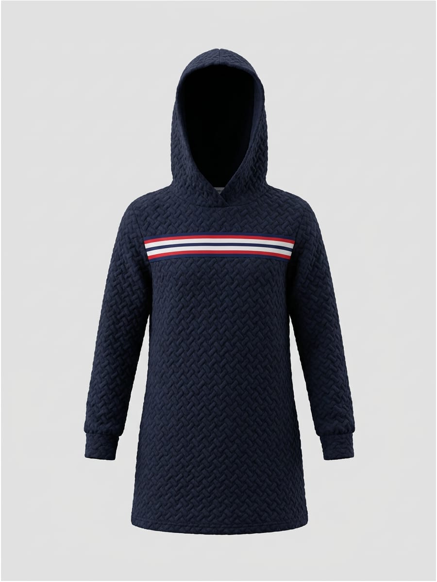 PatPat Girls Quilted Hoodie Dress - Navy Blue Winter Long Sweatshirt