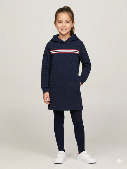 PatPat Girls Quilted Hoodie Dress - Navy Blue Winter Long Sweatshirt