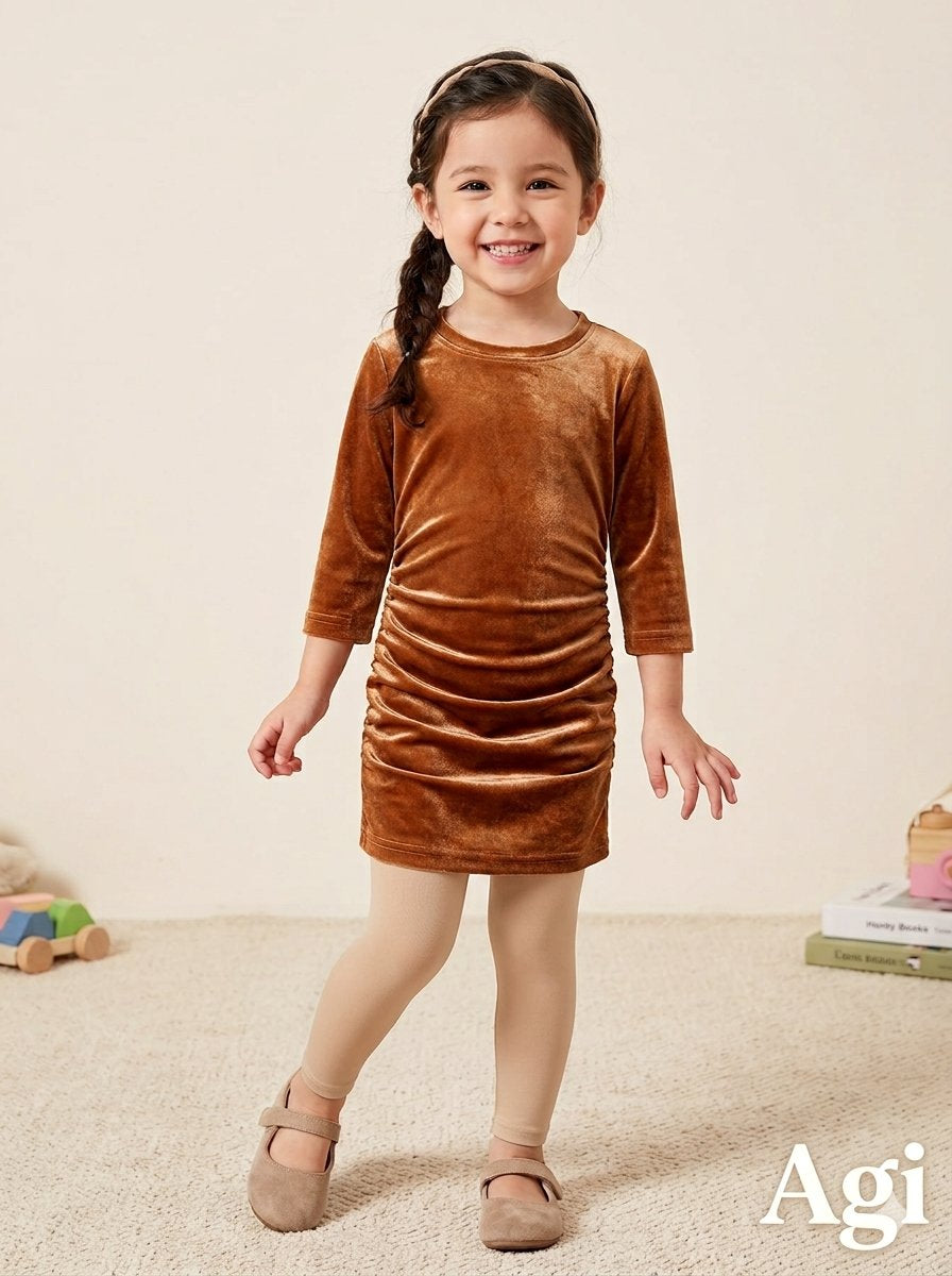 PatPat Elegant Velvet Ruched Full Sleeves Dress for Girls